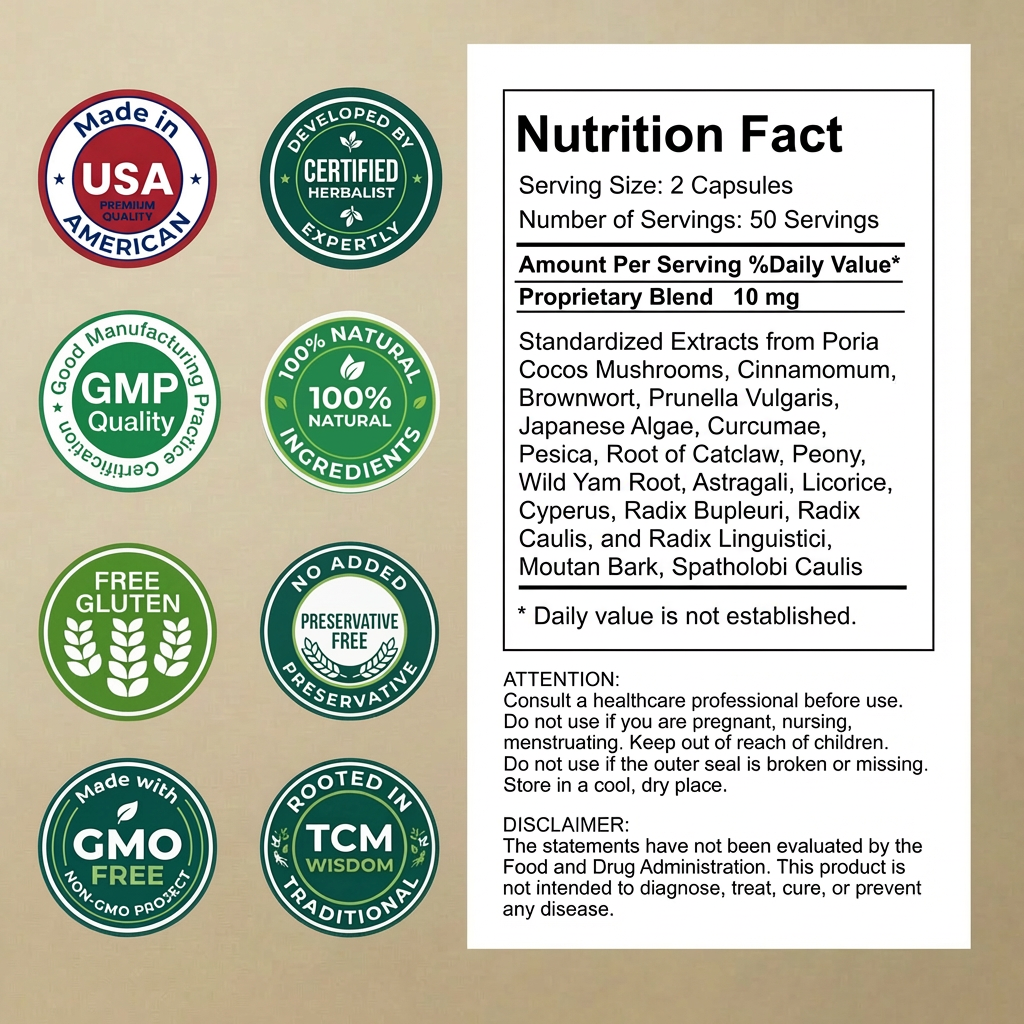 DeMass Nutrition fact label with various green certification logos on a beige background
