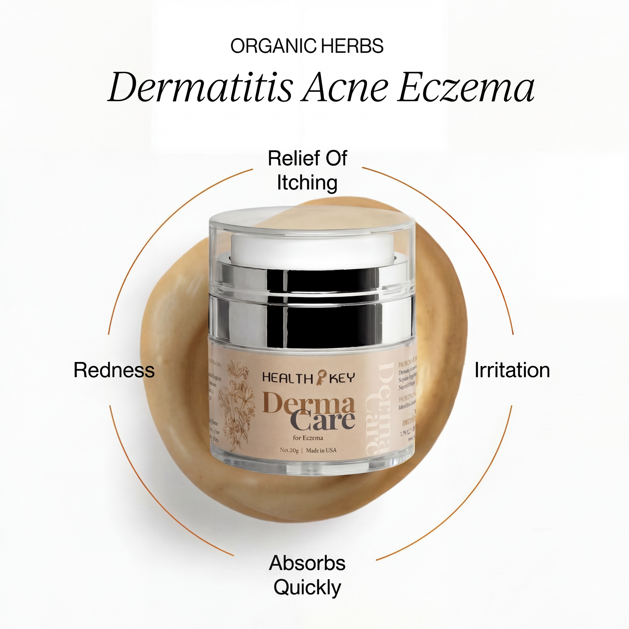 DermaCare cream jar for Eczema with benefits: Relief of itching, redness, irritation and absorbs quickly in a white background