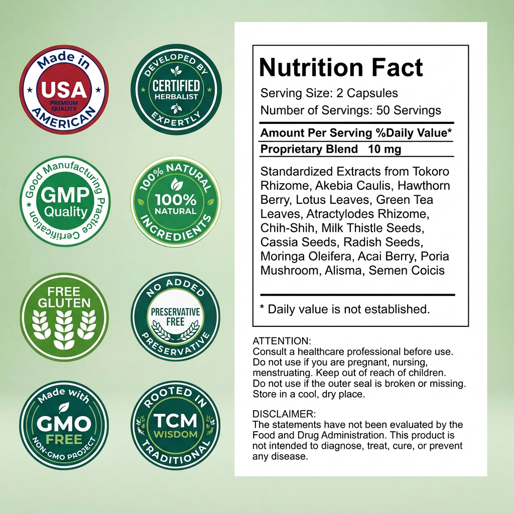 DetoWell Nutrition label and quality assurance icons on a green background