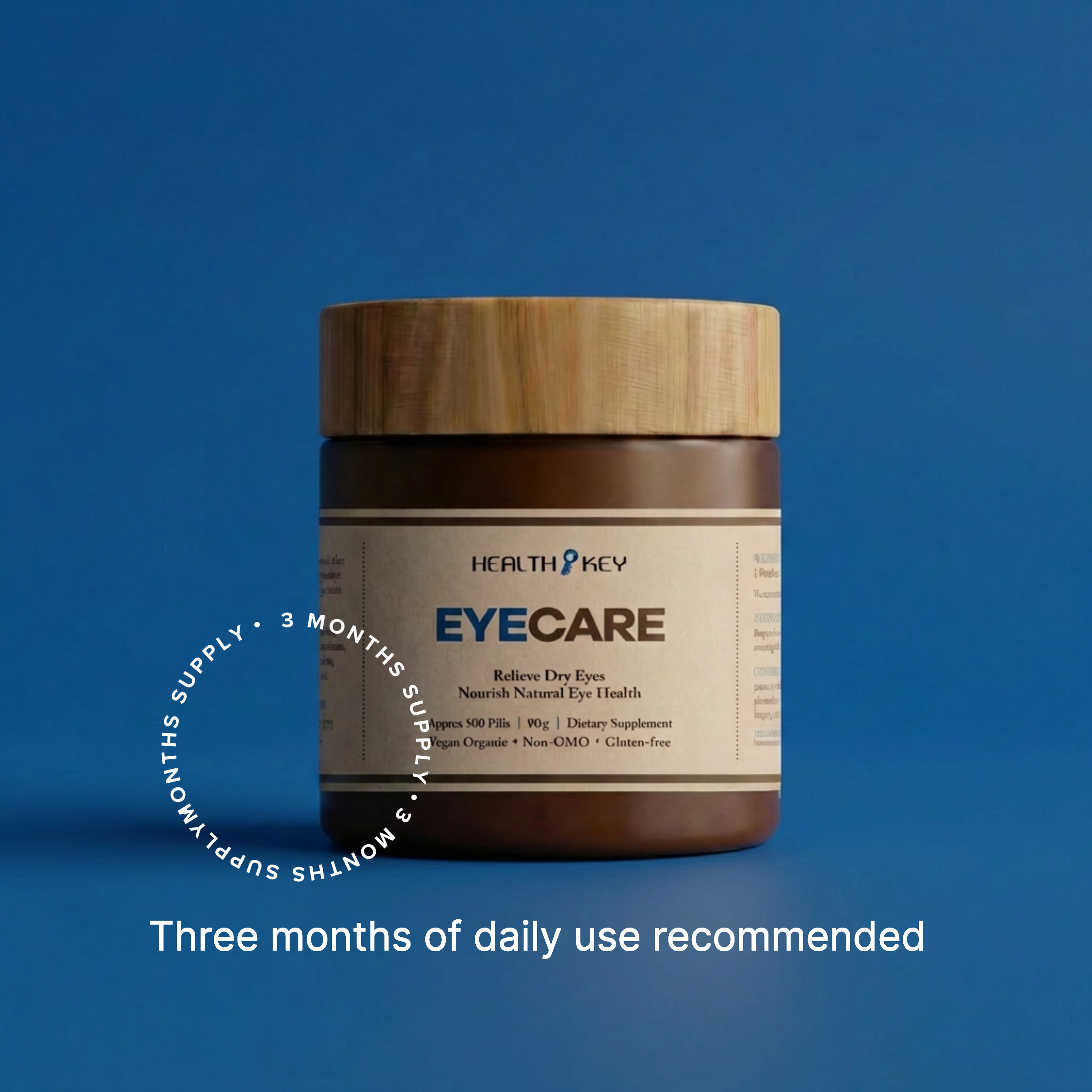 EyeCare 明目康 supplement jar (3 months supply) with wooden lid on a blue background