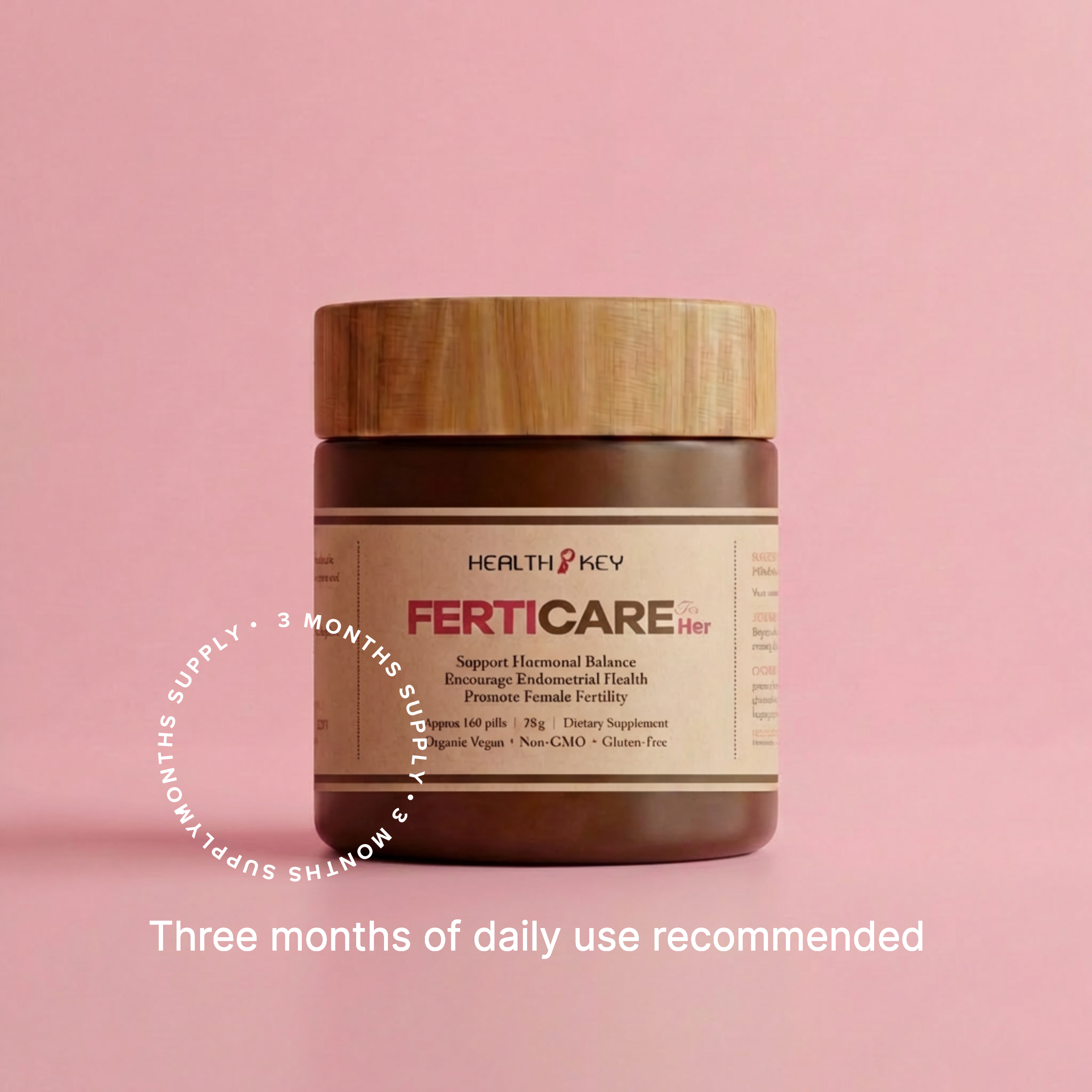 FertiCare For Her supplement jar (3 month supply) with wooden lid on a pink background