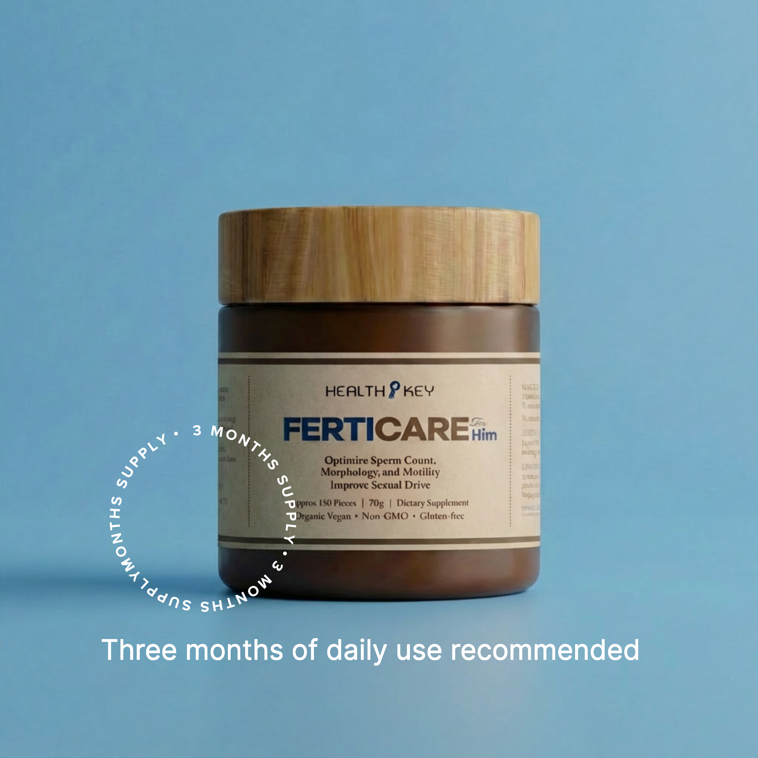 FertiCare For Him 助孕康(男) supplement jar (3 months supply) with wooden lid on a blue background