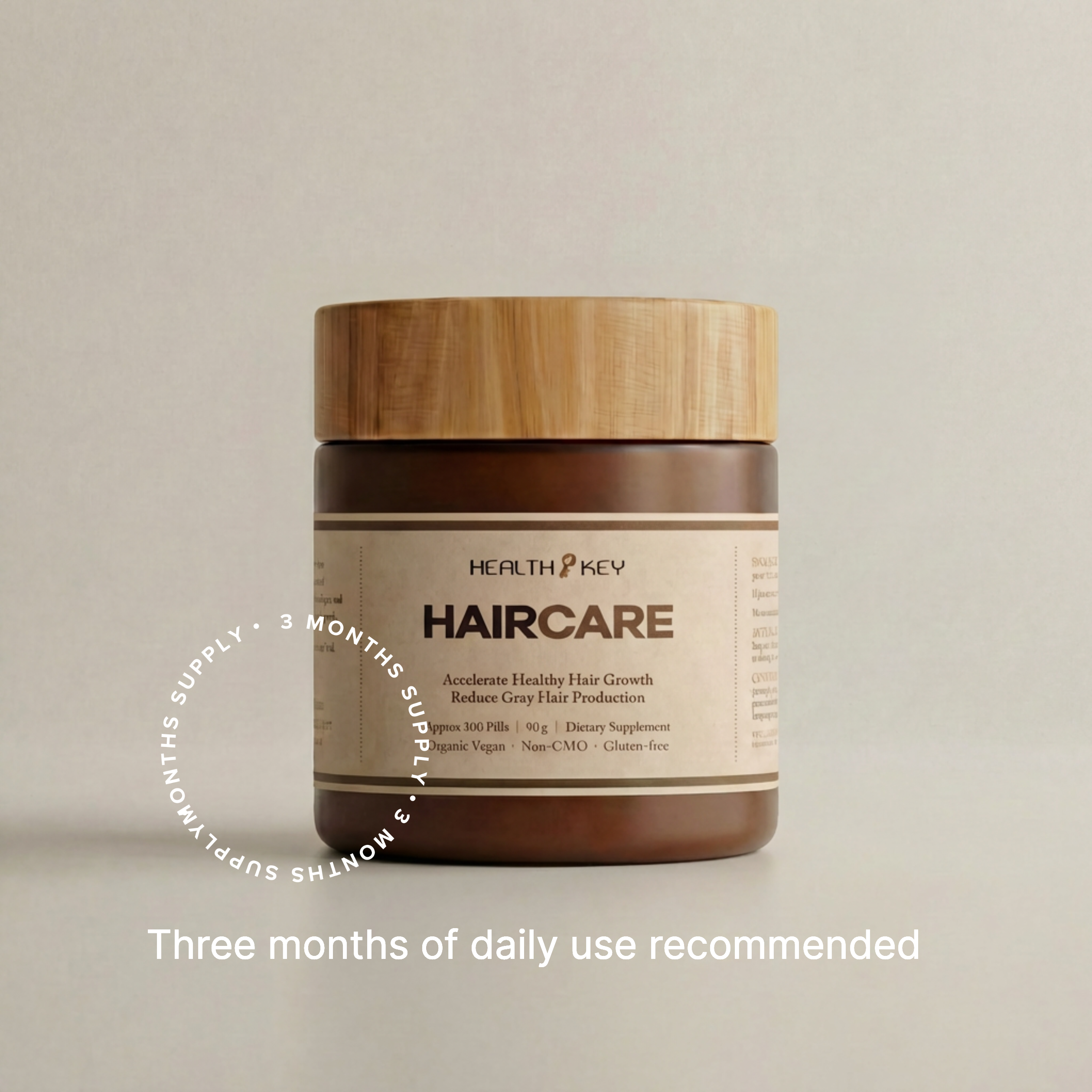 HairCare 固髪康 supplement jar (3 month supply) with wooden lid on a beige background