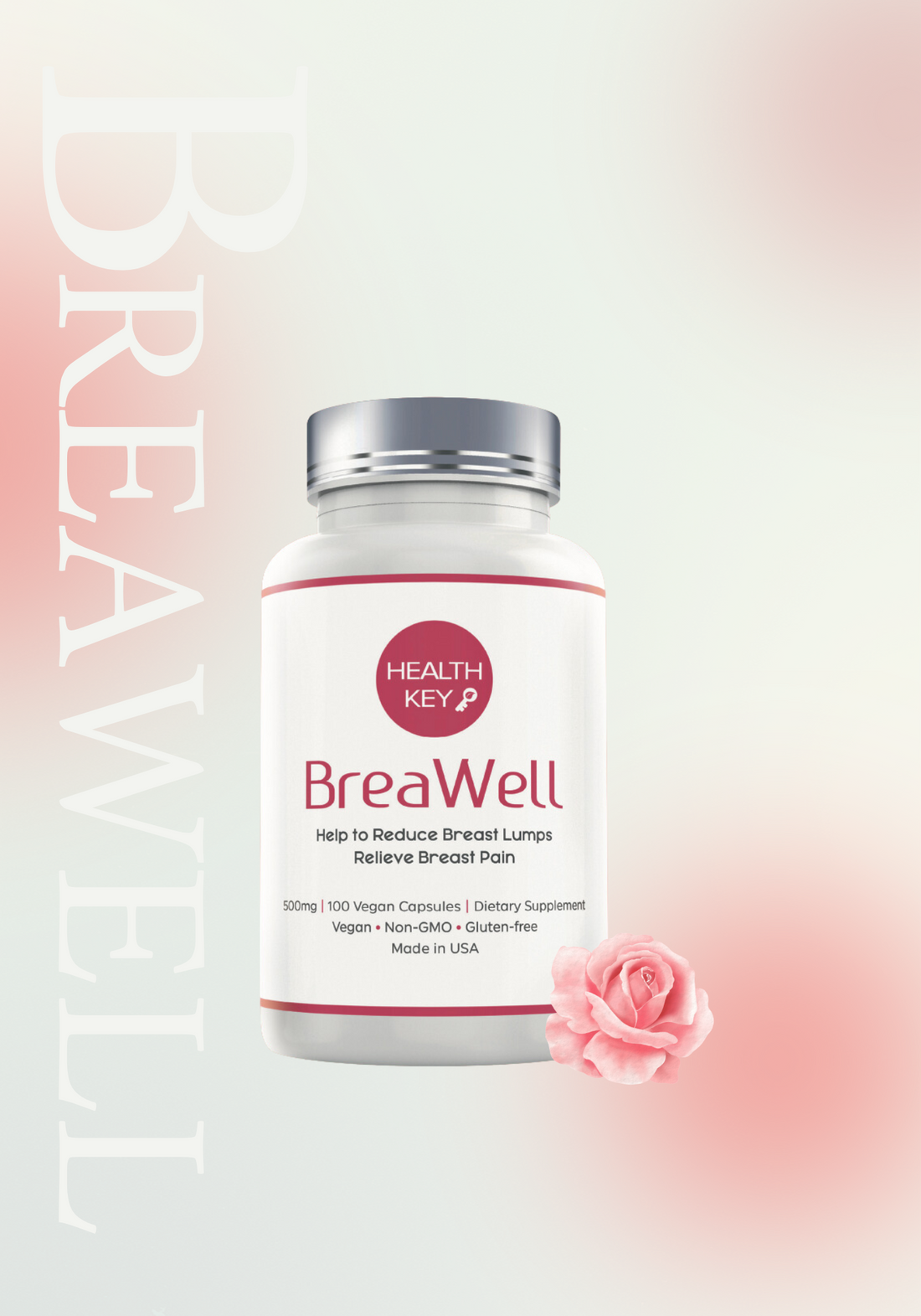 Healthkey white bottle of BreaWell for Reduce BreaWell Lumps and relieve breast pain