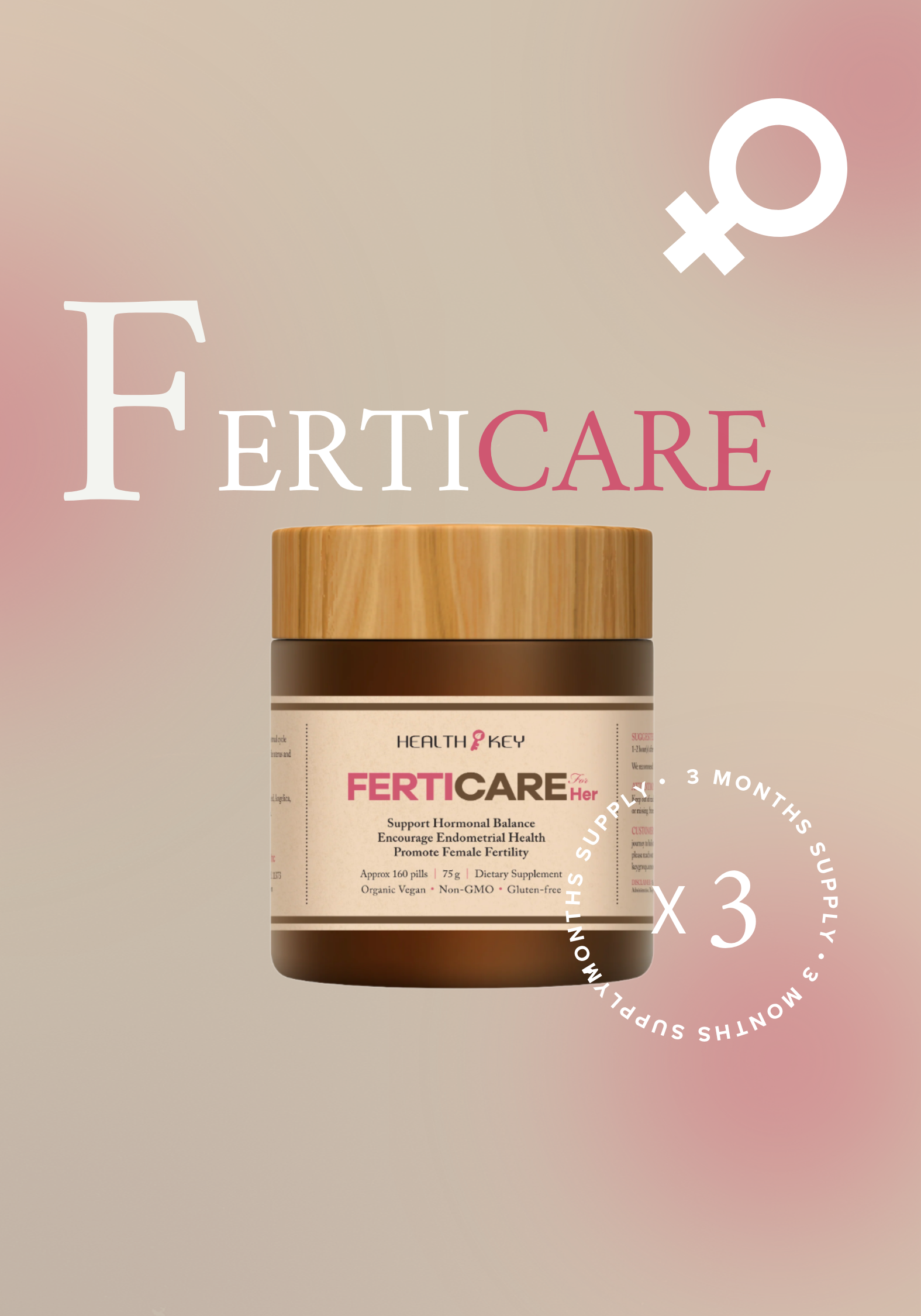 Healthkey Herbal supplement that support female reproductive health in wooden jar 3 month supply