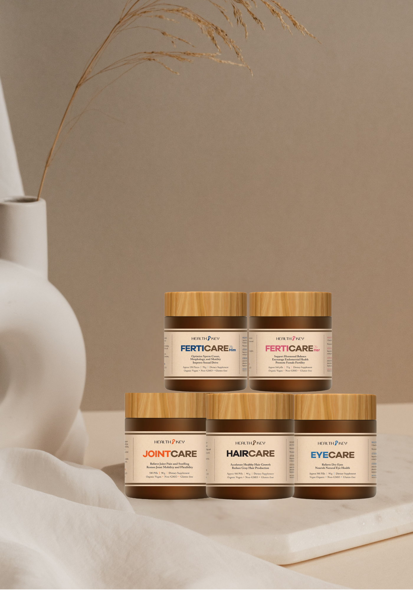 Series of healthkey herbal supplement jars on a neutral background