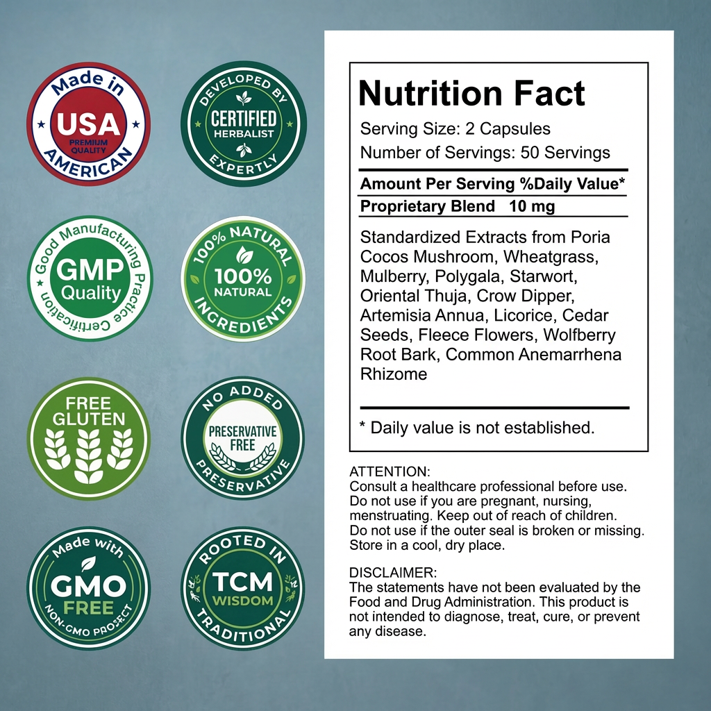 MenoWell Nutrition fact label with various green certification logos on a blue background