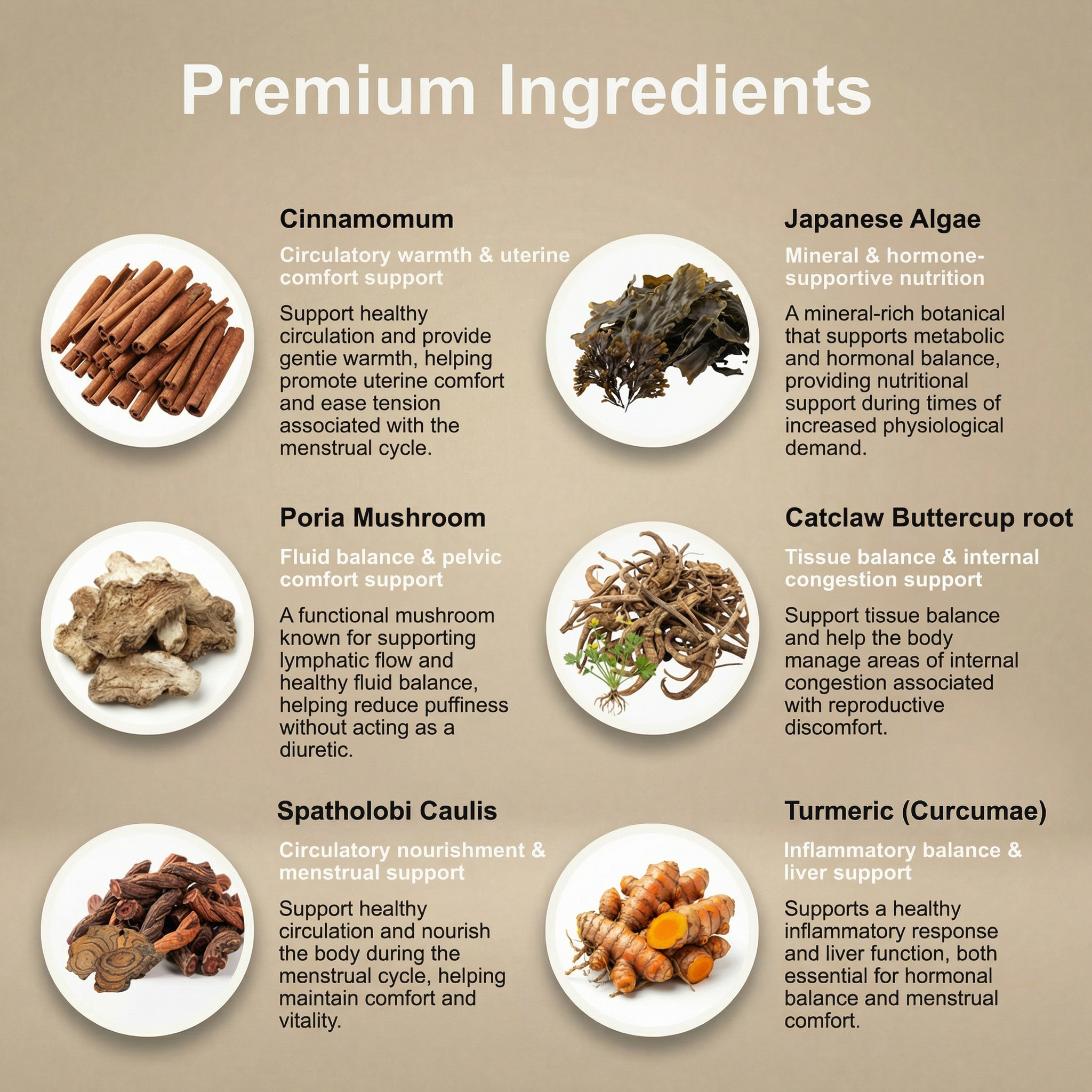 List of premium ingredients for Demass (Cinnamomum, Japanese Algae, Poria Mushroom, Catclaw Buttercup root, Spatholobi Caulis and Turmeric) with images and descriptions on a beige background