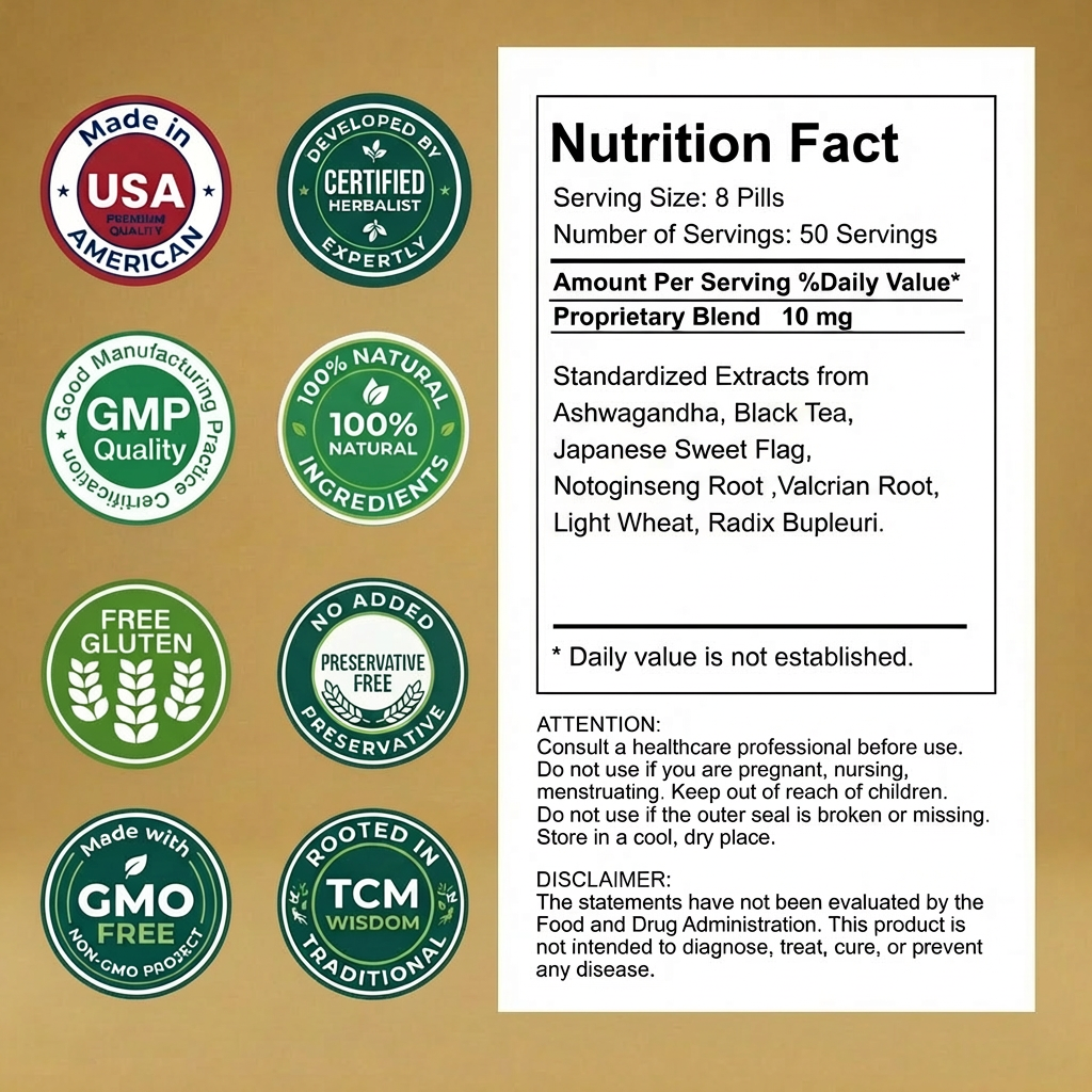 StressCare Nutrition fact label with certification logos on a gold background