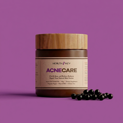 AcneCare 清痘康 supplement jar with wooden lid on a purple background