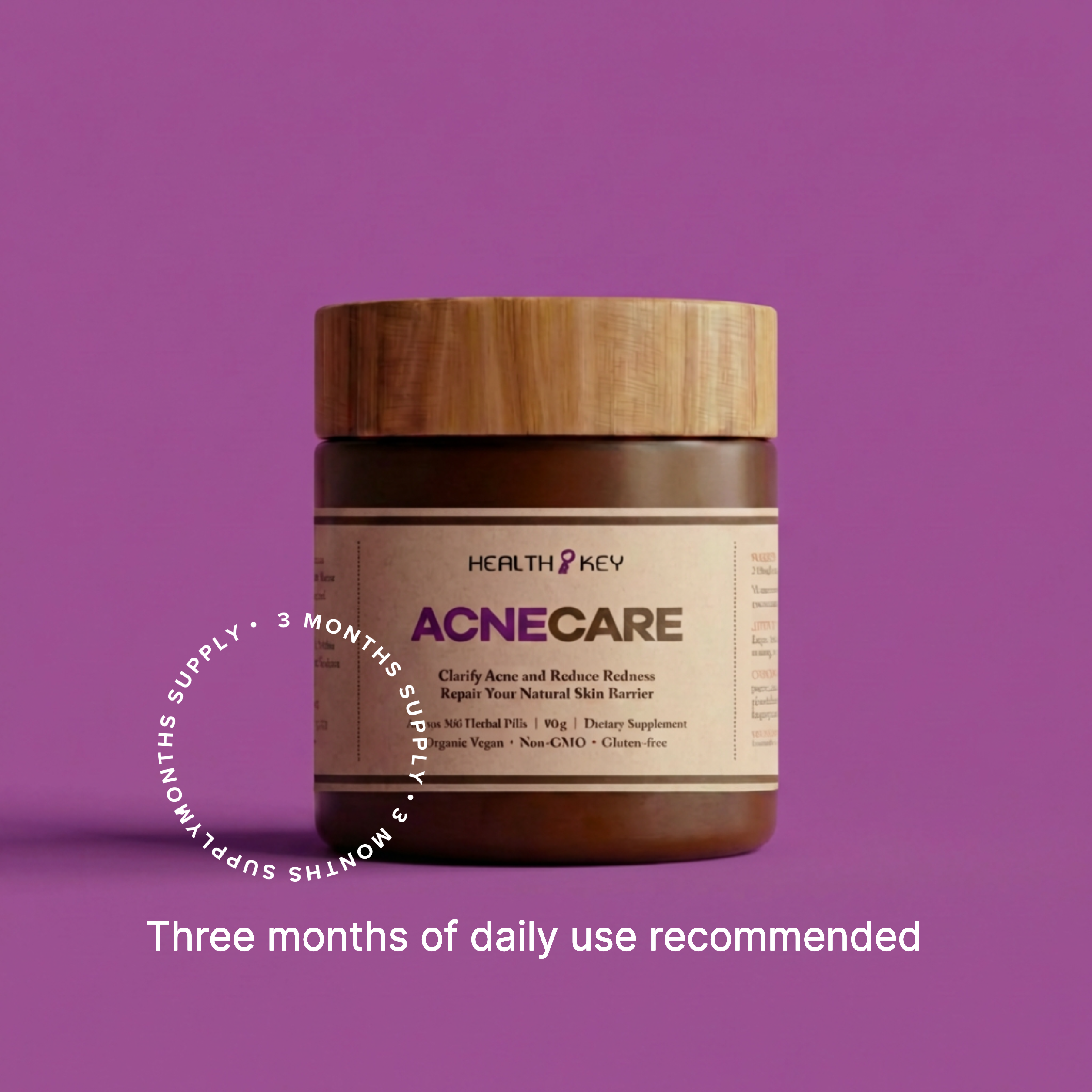 AcneCare 清痘康 supplement jar (3 months supply) with wooden lid on a purple background