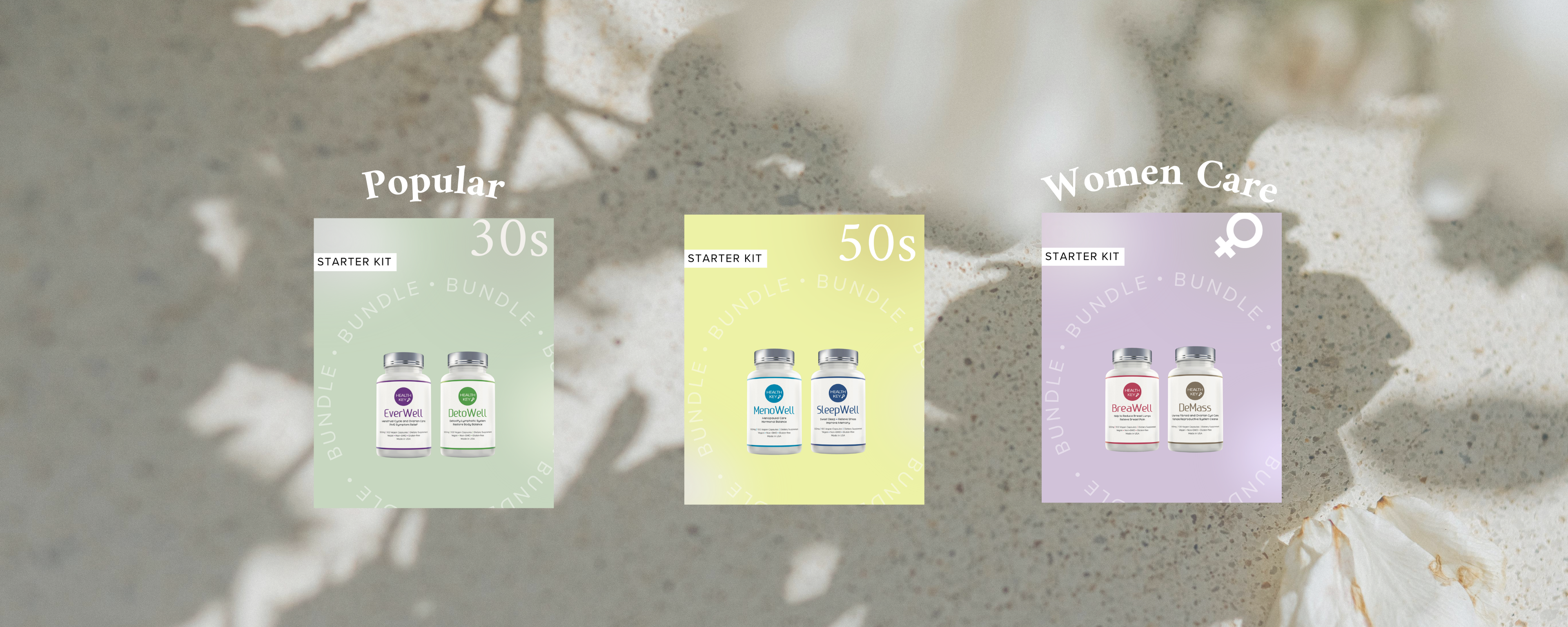 Promotional graphic for 'Popular' bundle  with product packages labeled '30s women, '50s women', and 'Made for Women Care'. Bundle and Save 15% when getting as bundle
