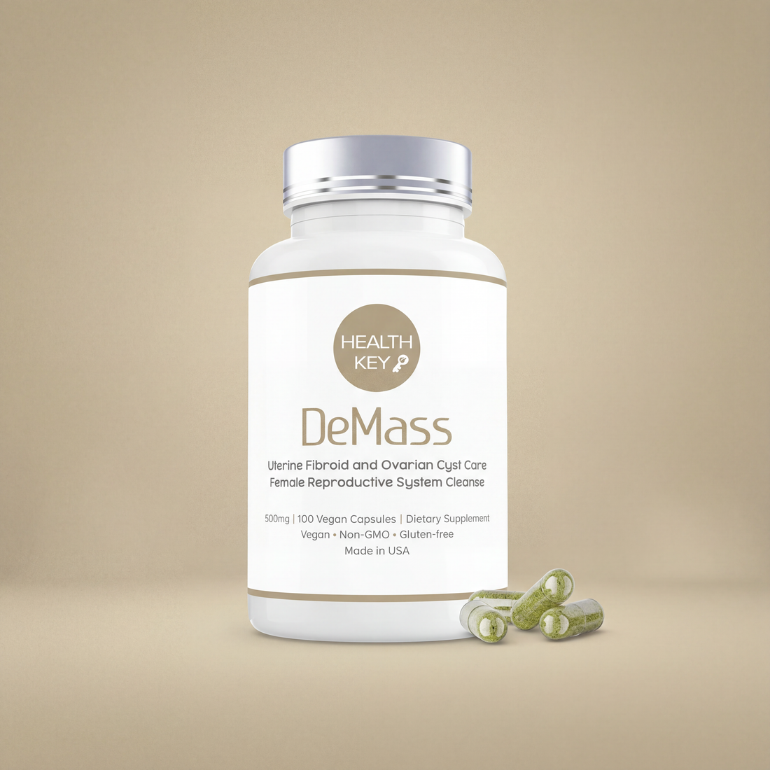 HealthKey DeMass supplement bottle on a beige background