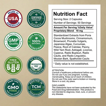 DeMass Nutrition fact label with various green certification logos on a beige background