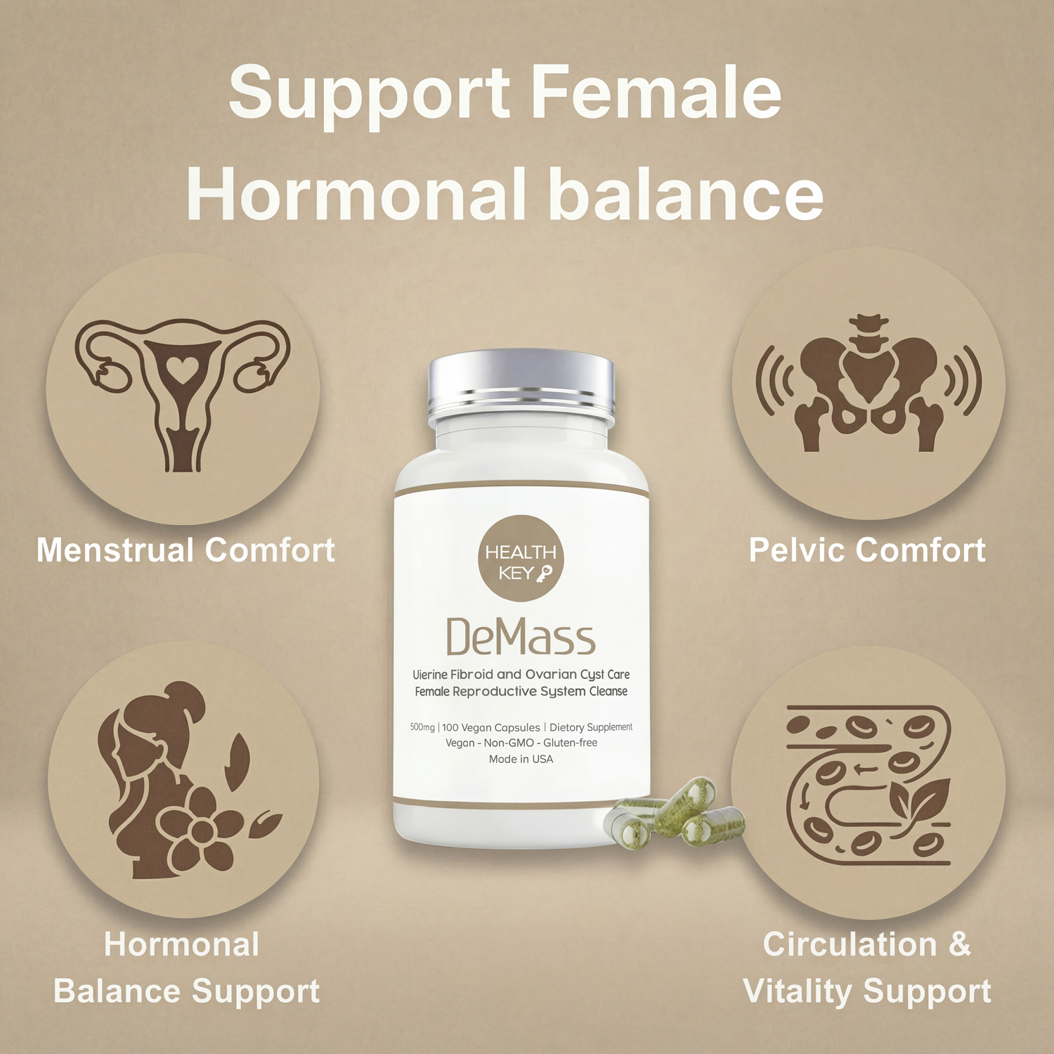 DeMass support female hormonal balance such as menstrual comfort, pelvic comfort, hormonal balance support and circulation &amp; vitality support. 