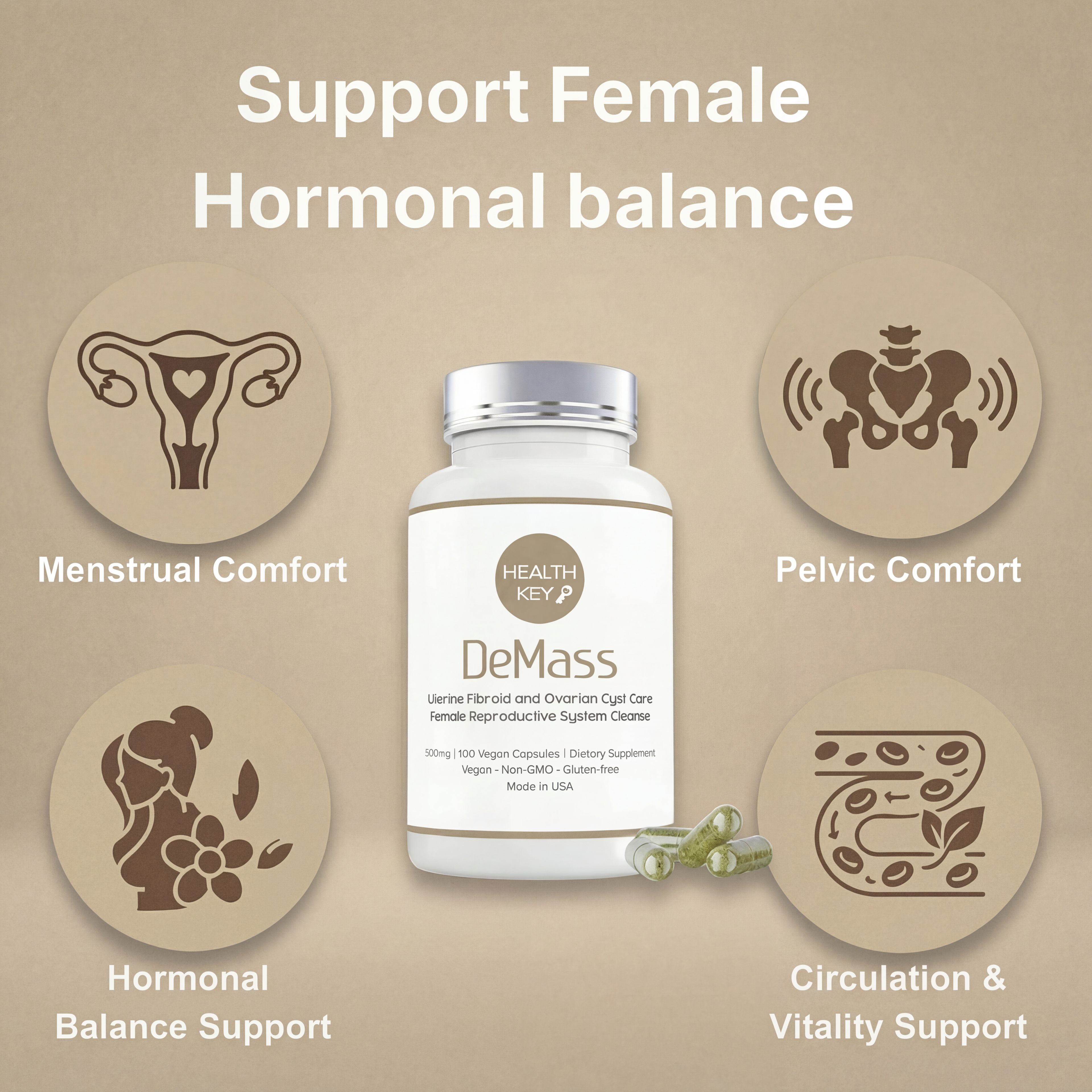 DeMass support female hormonal balance such as menstrual comfort, pelvic comfort, hormonal balance support and circulation &amp; vitality support. 