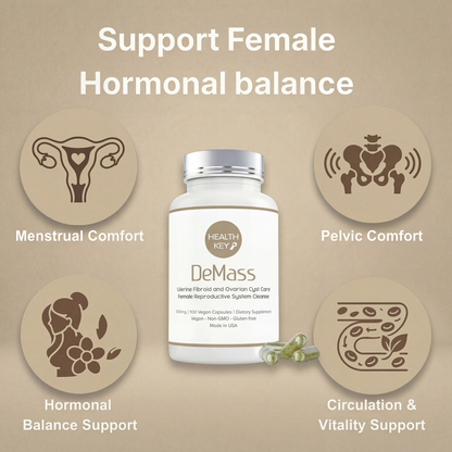 DeMass support female hormonal balance such as menstrual comfort, pelvic comfort, hormonal balance support and circulation &amp; vitality support. 