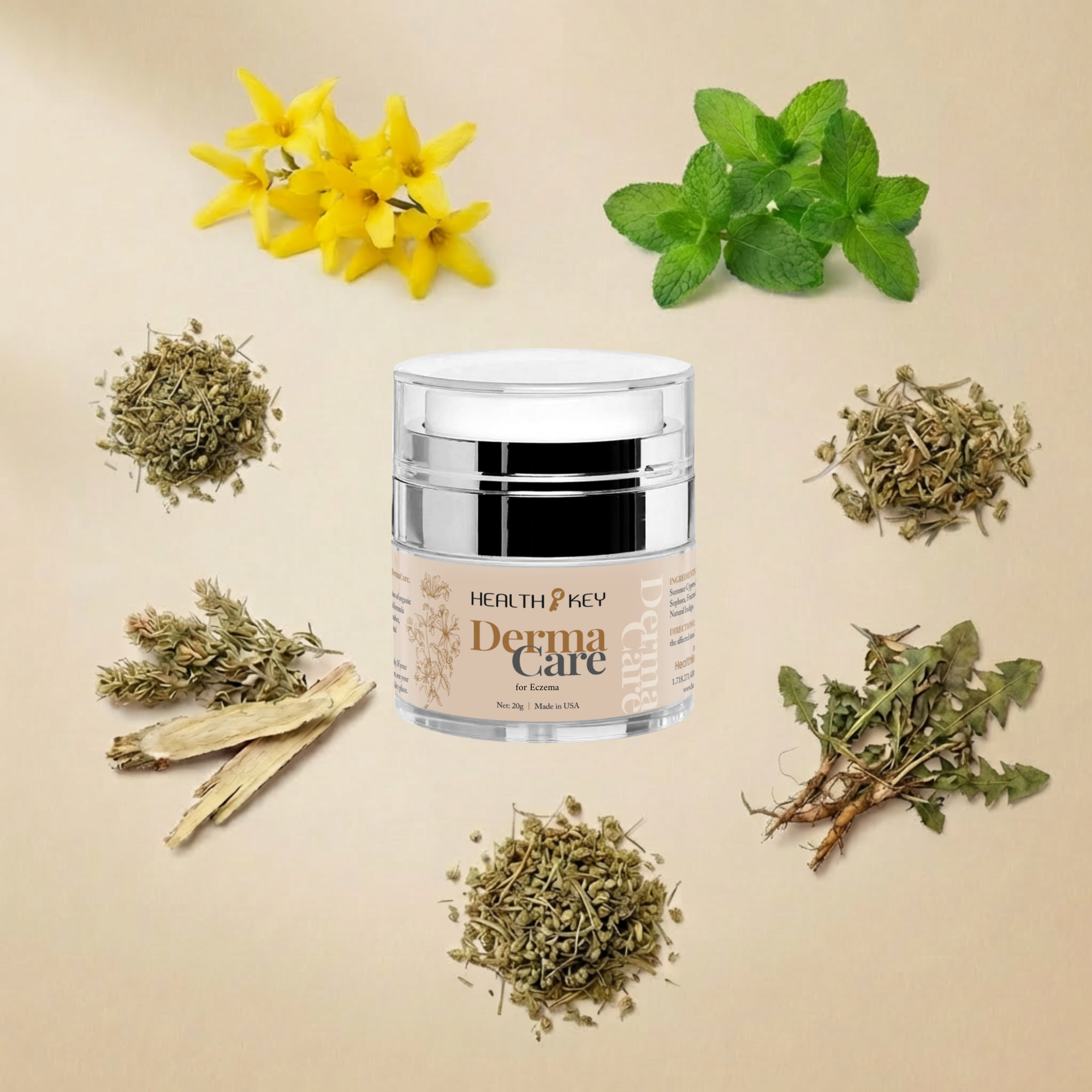 DermaCare cream jar for Eczema surrounded by Forsythia flower, Kochia, White moss bark, Scutellaria, Dandelion, Senecio and Peppermint in a beige background