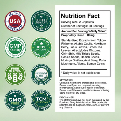 DetoWell Nutrition label and quality assurance icons on a green background