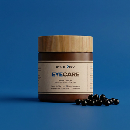 EyeCare 明目康 supplement jar with wooden lid on a blue background