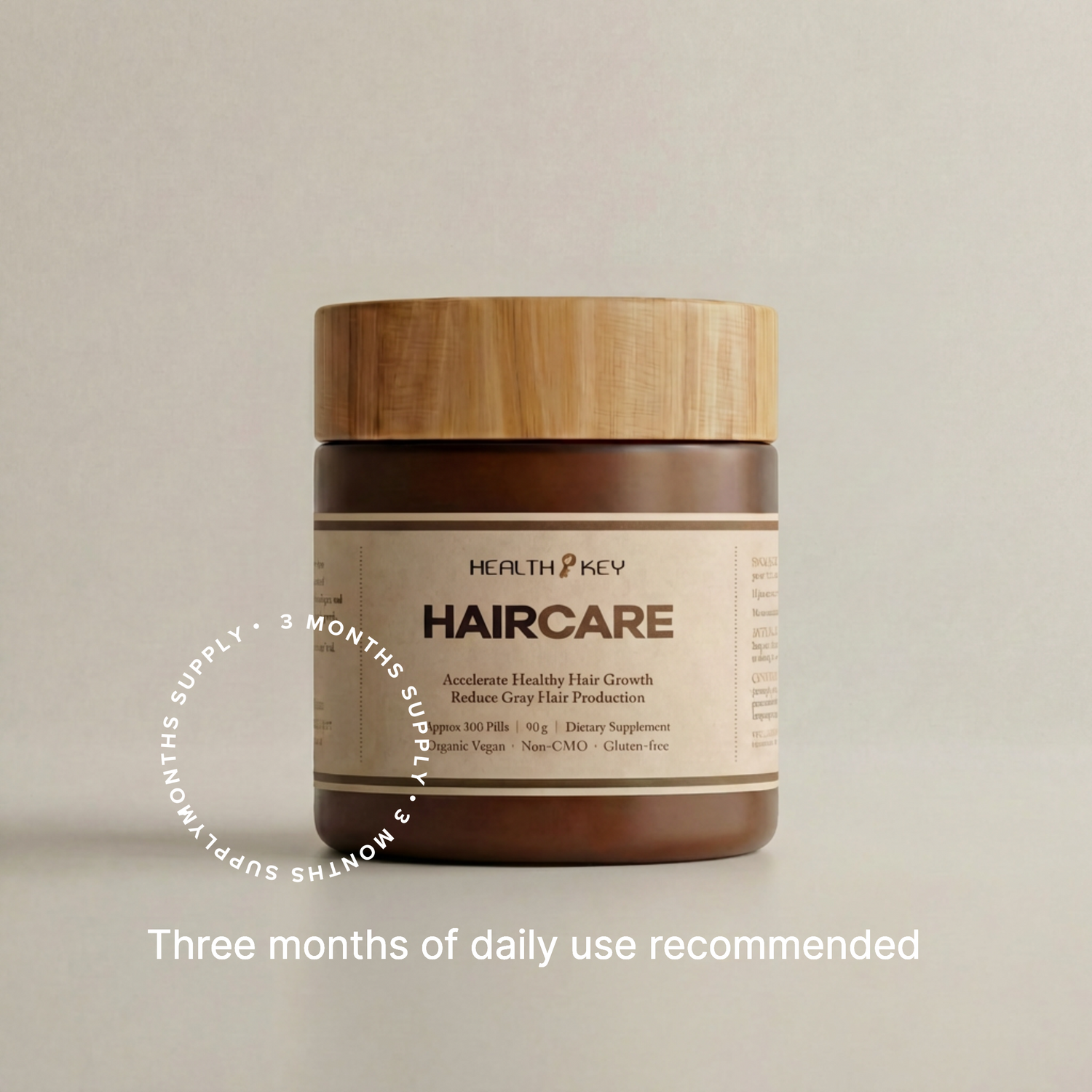 HairCare 固髪康 supplement jar (3 month supply) with wooden lid on a beige background