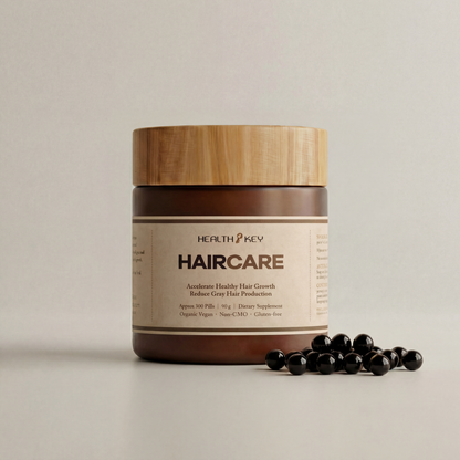 Haircare 固髪康 product jar with wooden lid and black pills on a neutral background