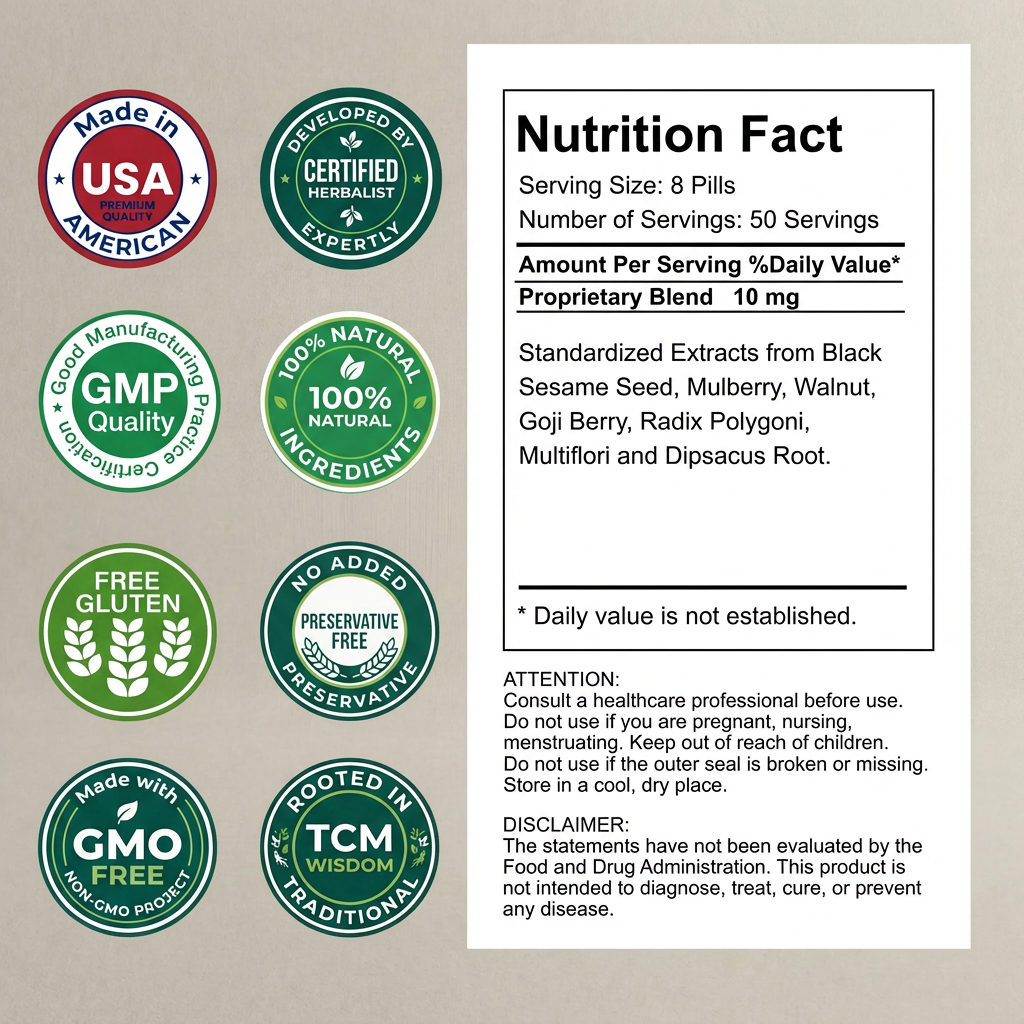 HairCare Nutrition label and quality assurance icons on a beige background