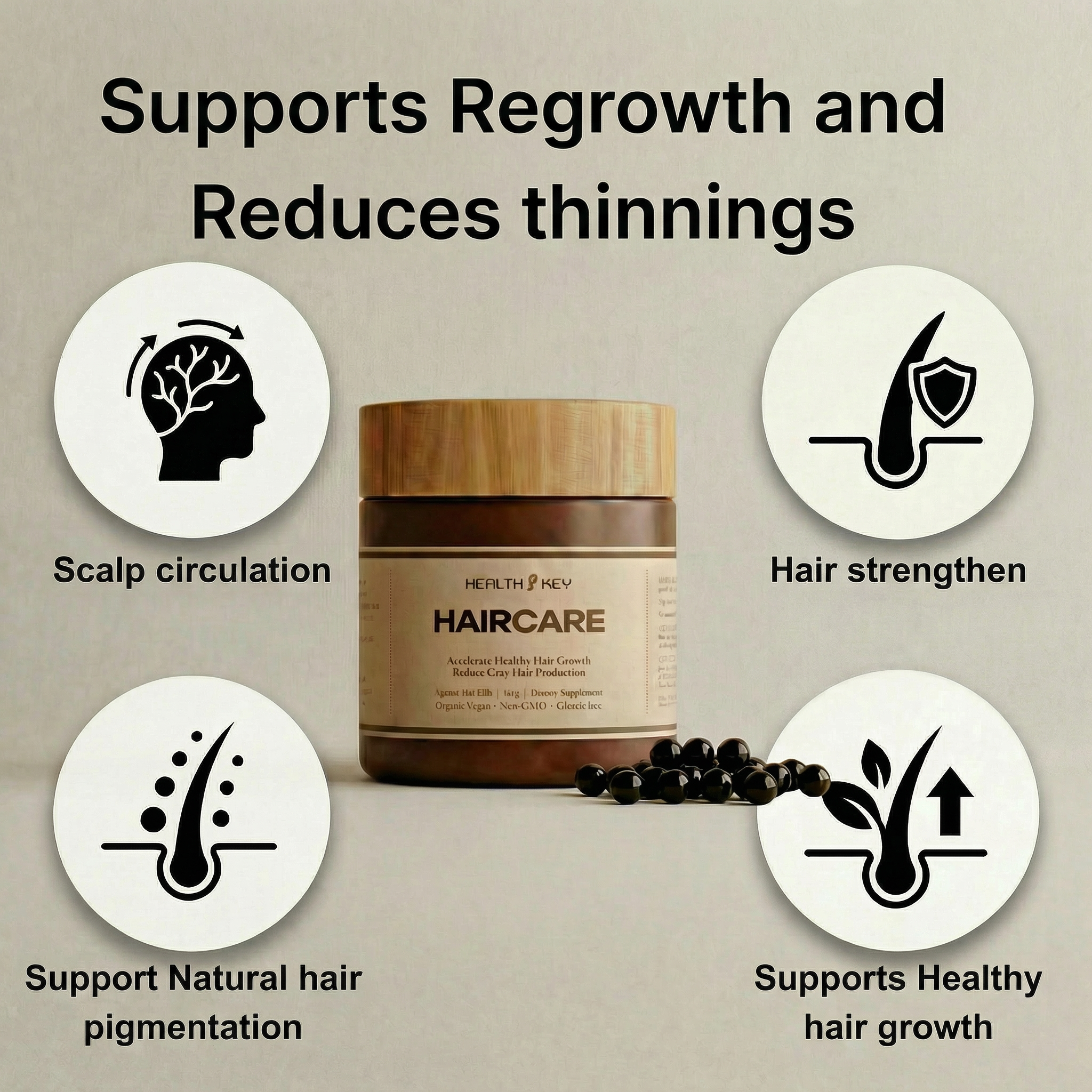 HairCare supports regrowth and reduces thinning such as scalp circulation, hair strengthen, support natural hair pigmentation and supports healthy hair growth.