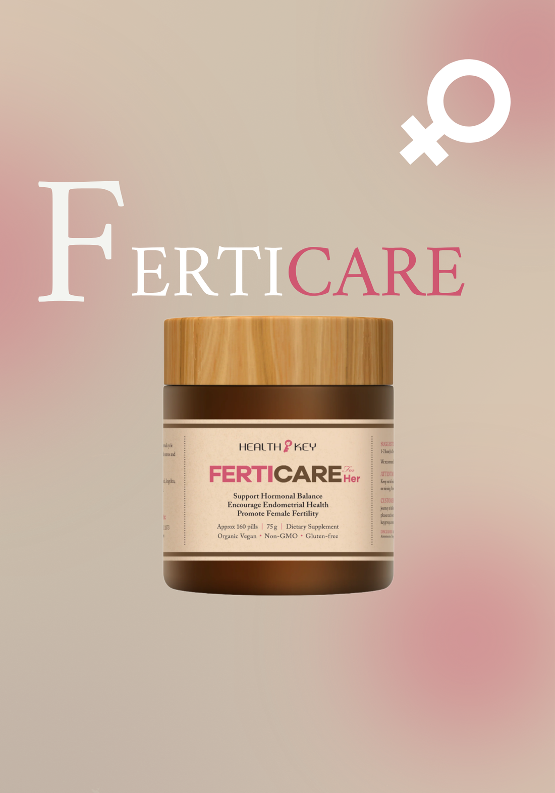 Healthkey Herbal supplement that support female reproductive health in wooden jar 