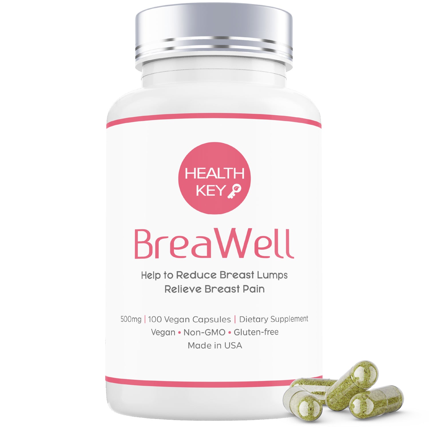 BreaWell front view 100 vegan capsules pink bottle help to reduce breast lumps and relieve breast pain 500mg 