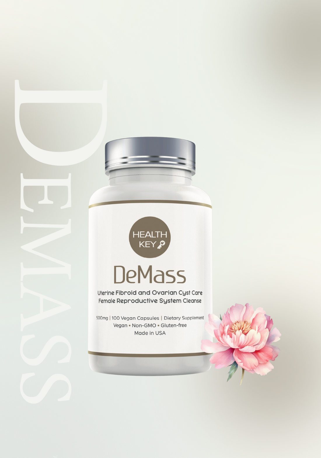 Healthkey white bottle of DeMass for Ovarian Cyst Care and Female Reproductive System Cleanse