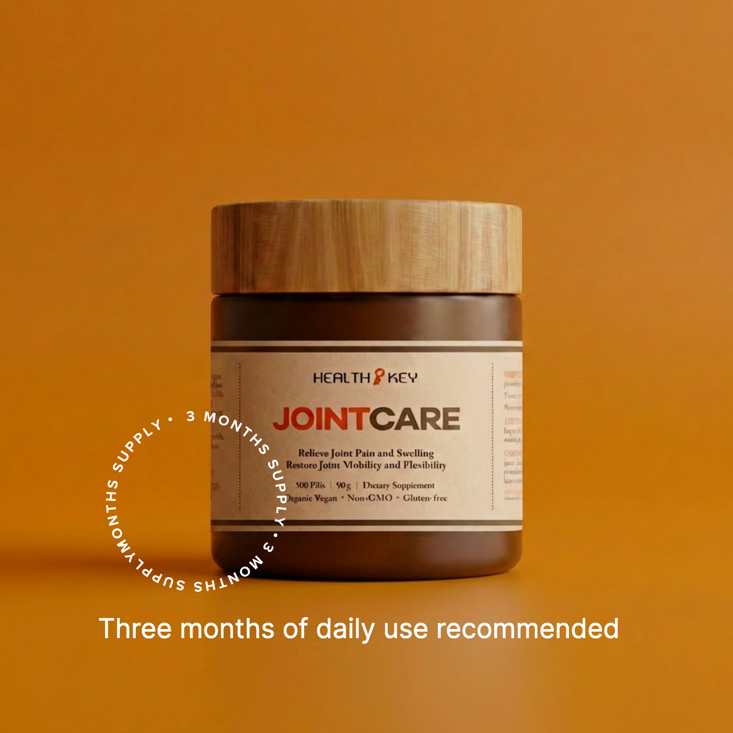 JointCare 關節康 supplement jar (3 months supply) with wooden lid on a orange background