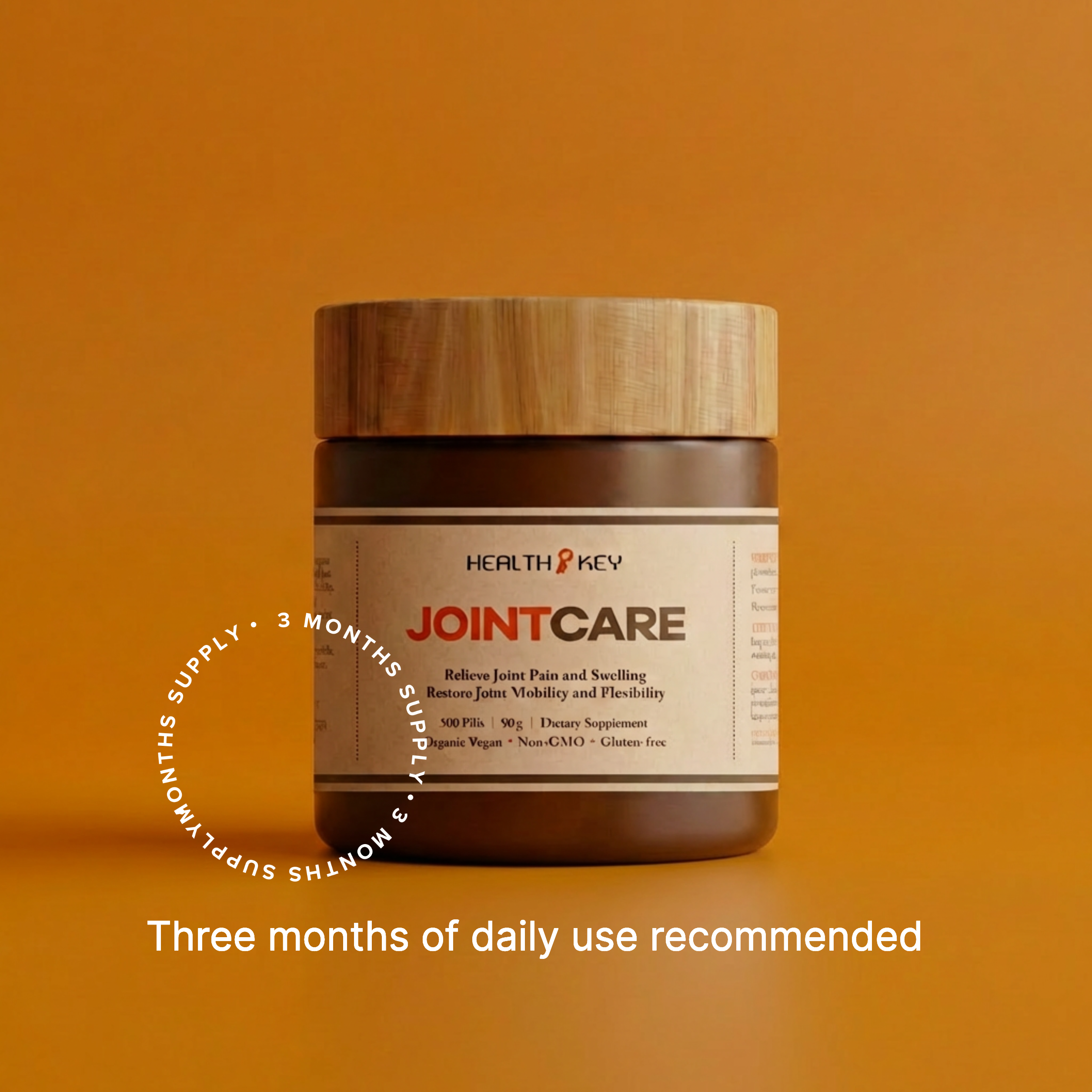 JointCare 關節康 supplement jar (3 months supply) with wooden lid on a orange background