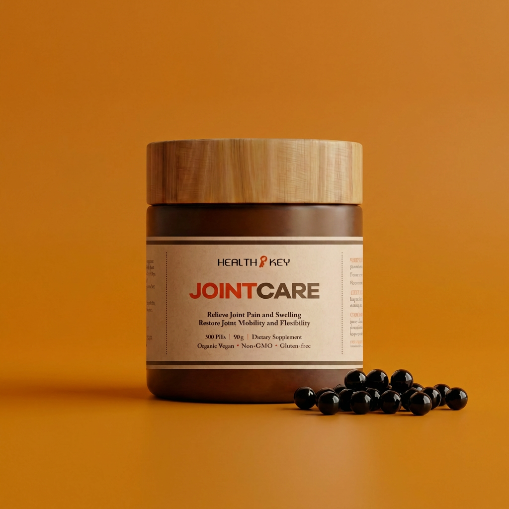 JointCare 關節康 supplement with wooden lid on an orange background