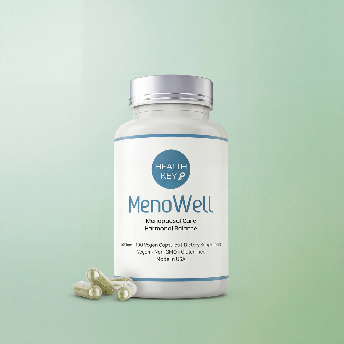 HealthKey MenoWell supplement bottle on a light green background