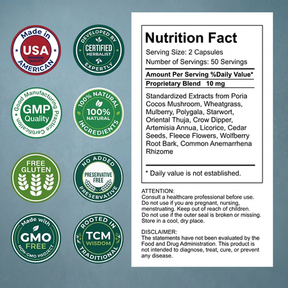 MenoWell Nutrition fact label with various green certification logos on a blue background