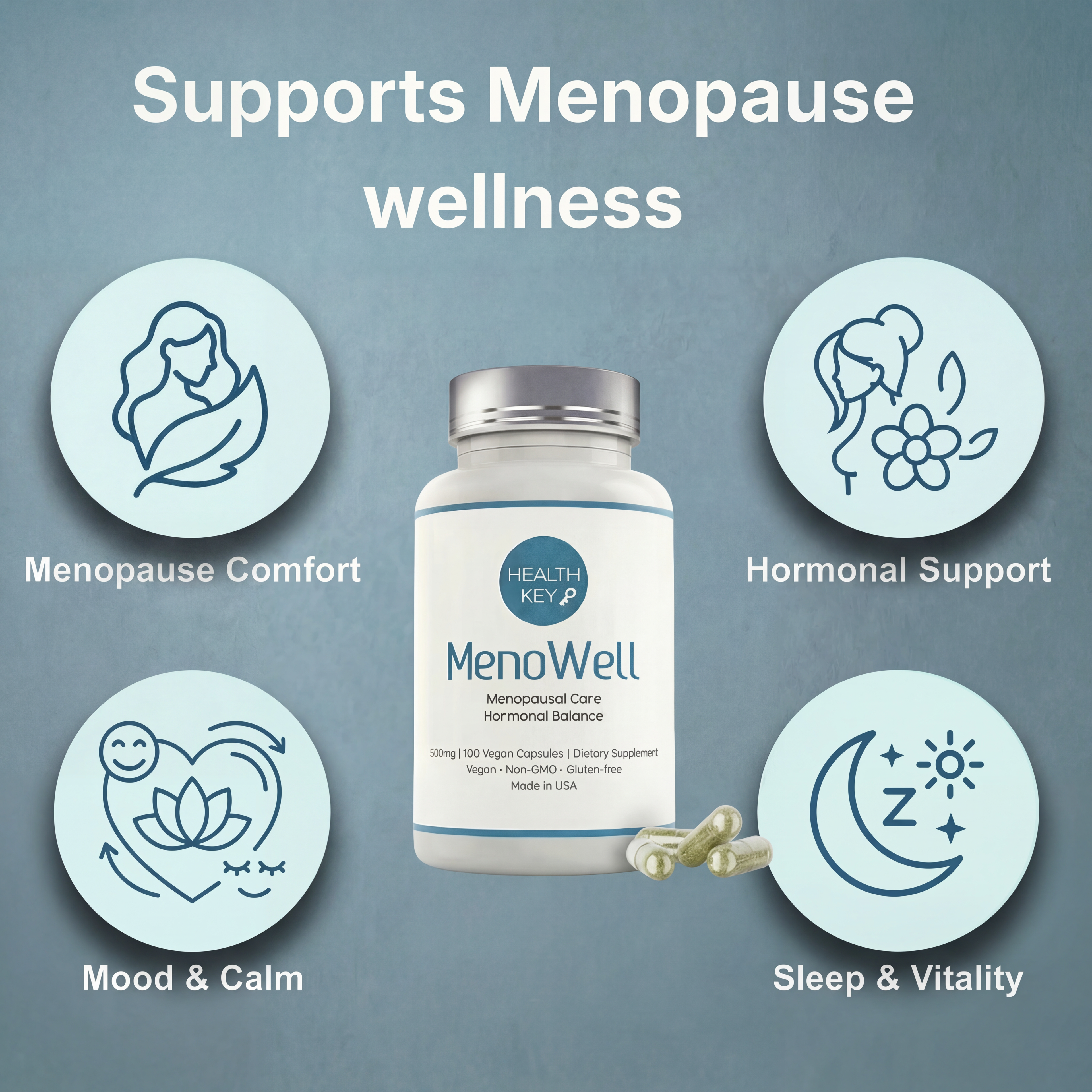 MenoWell supports Menopause wellness such as menopause comfort, hormonal support, mood &amp; calm and sleep &amp; vitality.