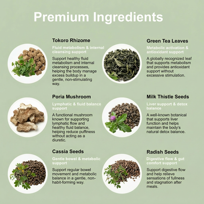 List of premium ingredients for DetoWell (Tokoro Rhizome, Green Tea Leaves, Poria Mushroom, Milk Thistle Seeds, Cassia Seeds and Radish Seeds) with images and descriptions on a green background