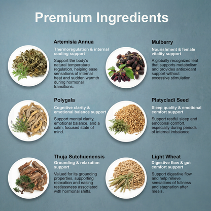 List of premium ingredients for MenoWell (Artemisia Anniua, Mulberry, Polygala, Platycladi Seed, Thuja Sutchuenensis and light wheat) with images and descriptions on a blue background