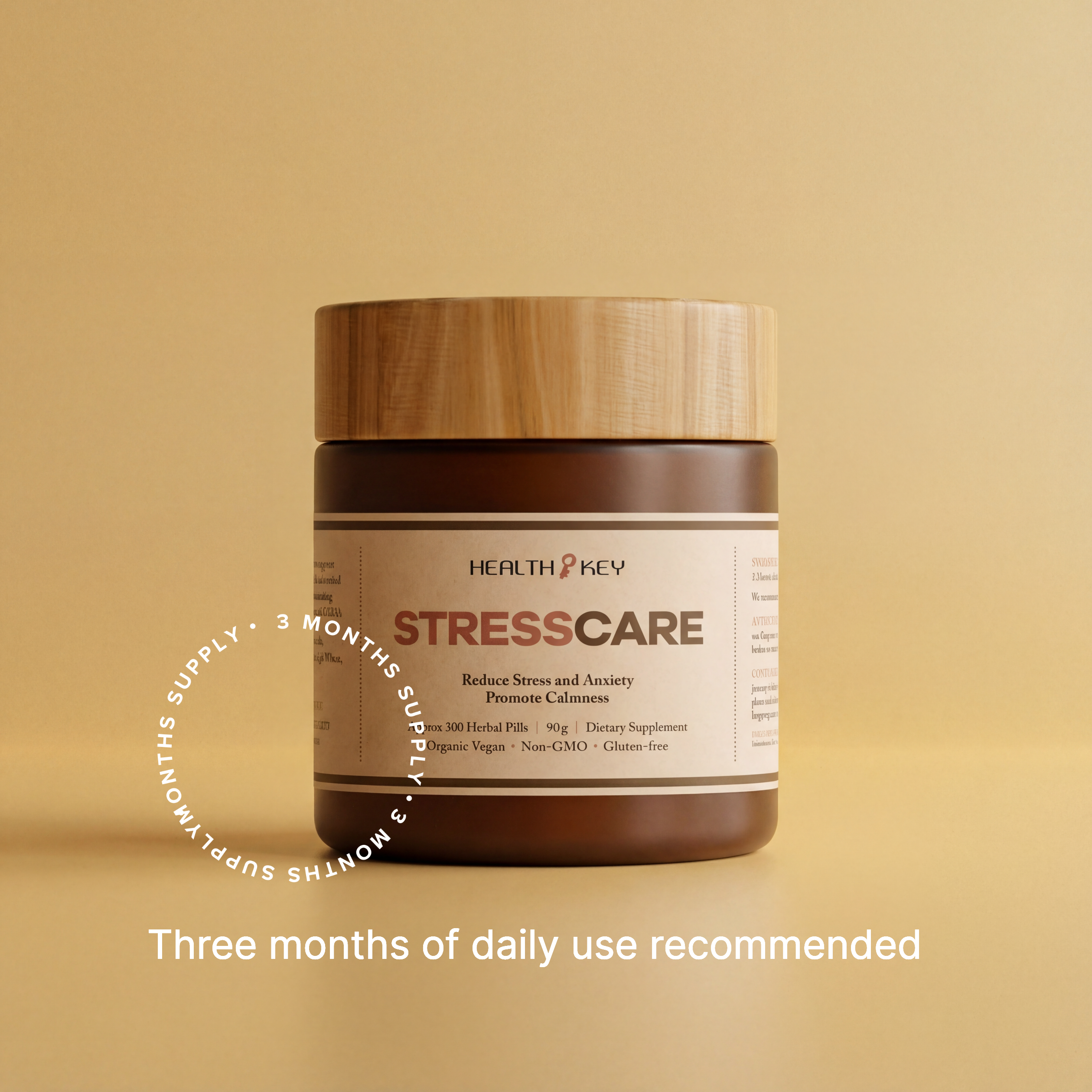 StressCare 解壓康 supplement (3 months supply) with wooden lid on a beige background