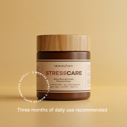 StressCare 解壓康 supplement (3 months supply) with wooden lid on a beige background