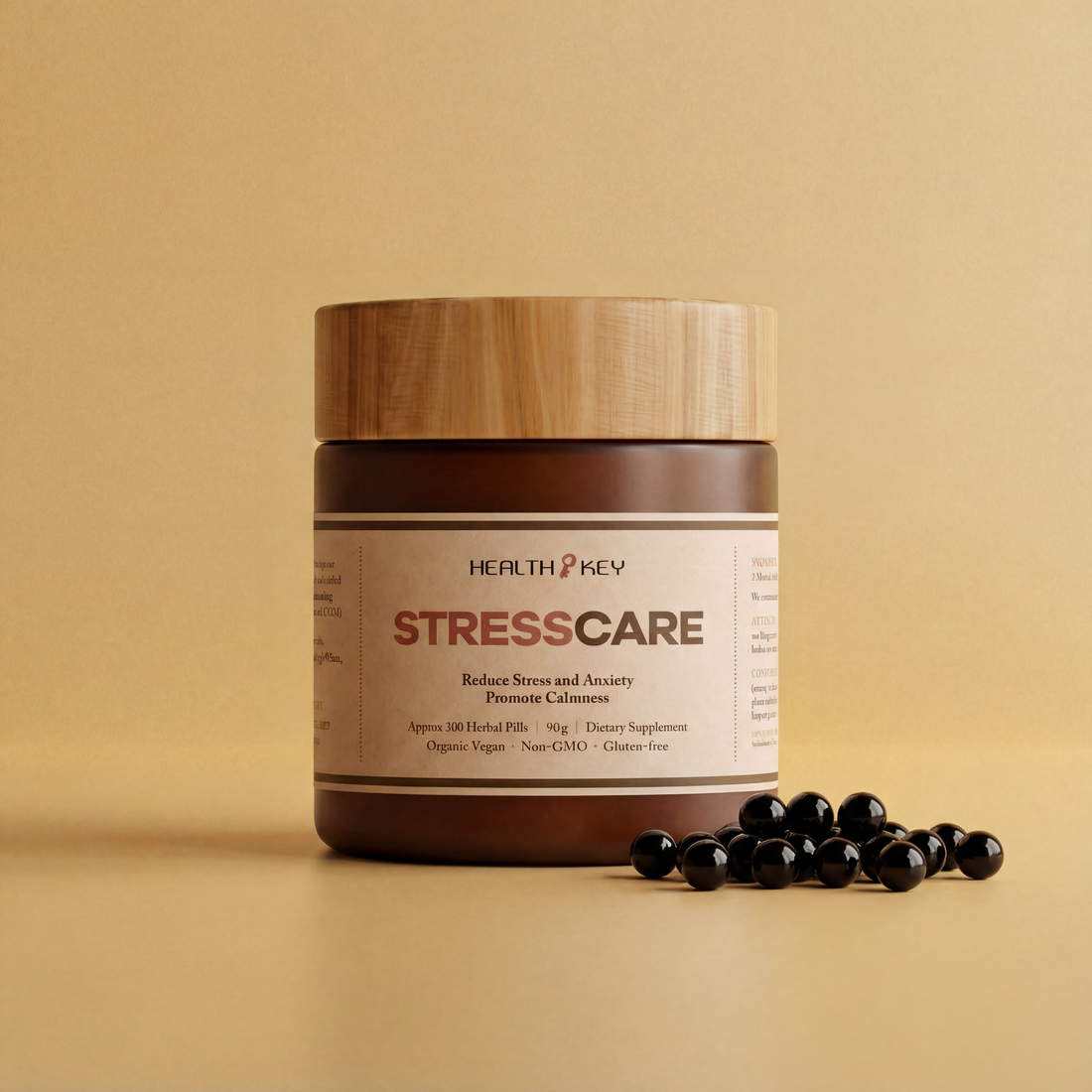 Jar of Health Key StressCare supplement with wooden lid on a beige background